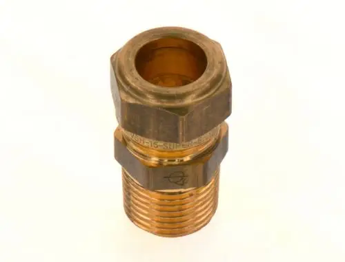 Anschlussverbindung von Bosch mit männlichem und weiblichem Gewinde, aus Metall gefertigt, zur Verschraubung in Rohrinstallationen.
